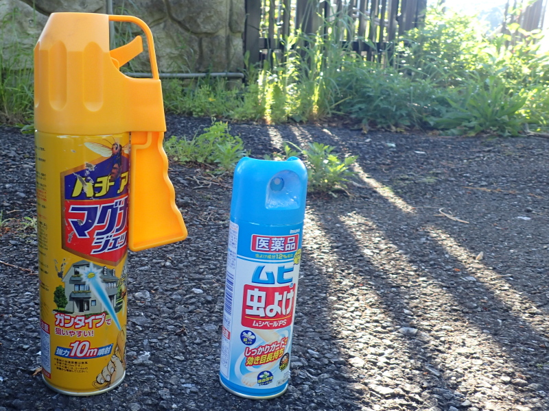 低山行の強い味方 幸い蜂除け(通称バズーカ)の出番はまだない 小峰トンネル北坑口の水道タンク前 2016年5月